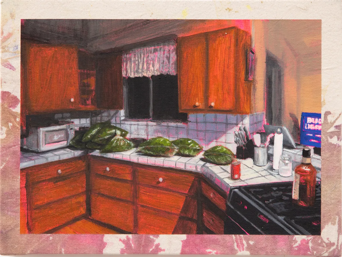 Hely Omar Gonzalez Packs in the kitchen, 2022 Oil on Shibori Dyed Canvas on cradled panel 9 x 12 x 2 in. 22.9 x 30.5 x 5.1 cm