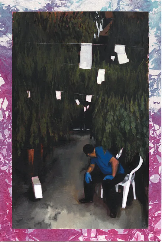Hely Omar Gonzalez Tio takes 10, 2022 Oil on Shibori Dyed Canvas on cradled panel 36 x 24 x 2 in. 91.4 x 61 x 5.1 cm