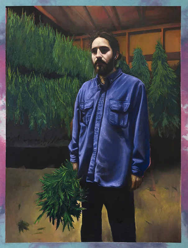Hely Omar Gonzalez Trimmer in the Dry Room, 2022 Oil on Shibori Dyed Canvas on cradled panel 43 x 57 x 3 in. 109.2 x 144.8 x 7.6 cm