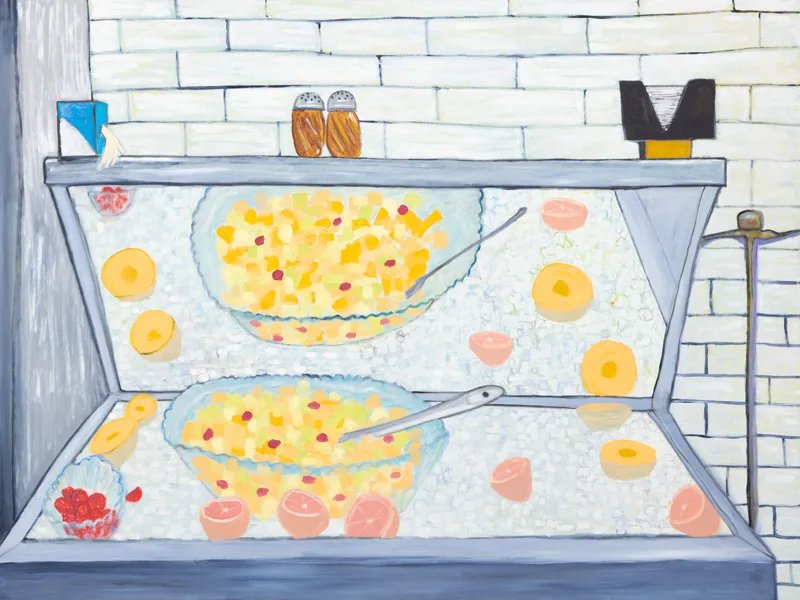 A painting of an opened steel chest of ice with a bowl of fruit salad and various halved fruits on the ice. There is a wall made of white bricks in the background and some condiments and kitchen accessories on top of the lid.