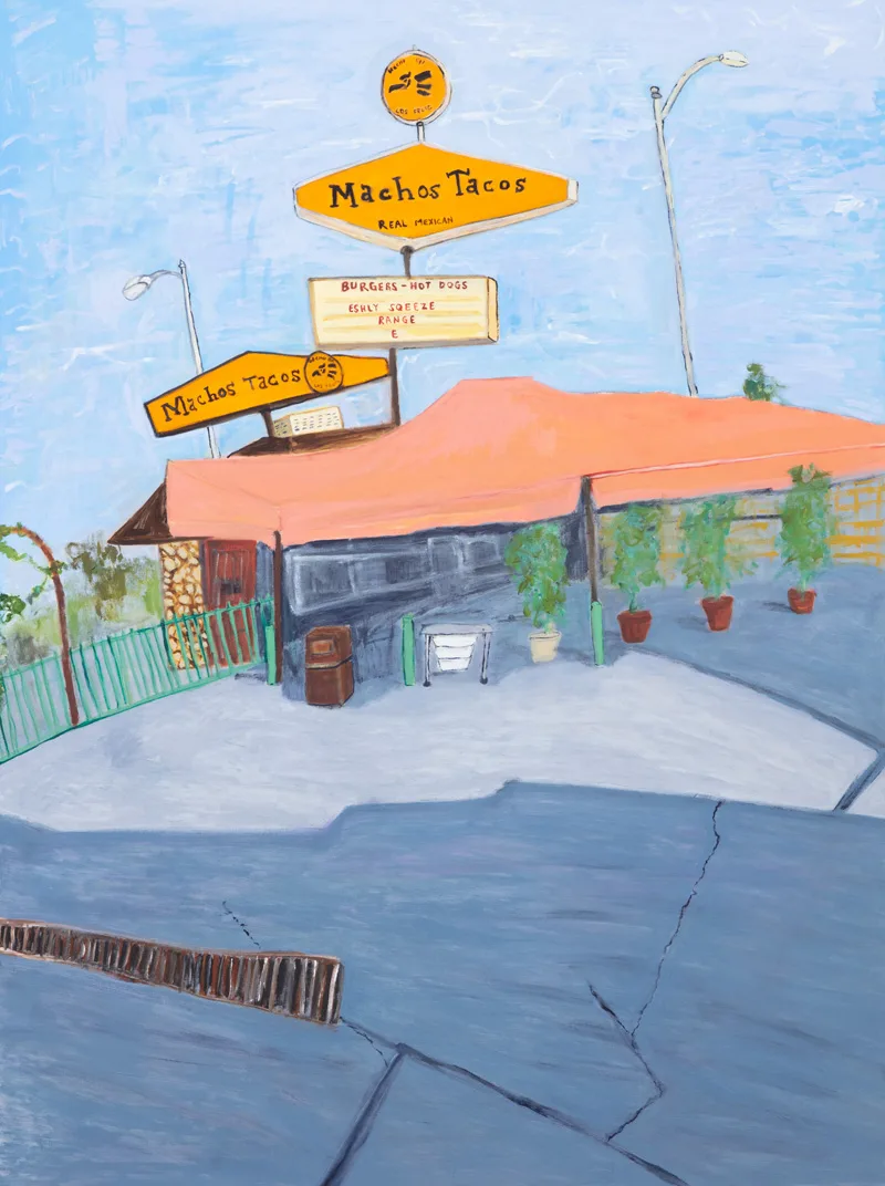 A painting of the exterior and patio of a restaurant made from a distance. There are signs on top of it that read "Machos Tacos" and "Burgers - Hot Dogs" and "eshly squeeze range e"
