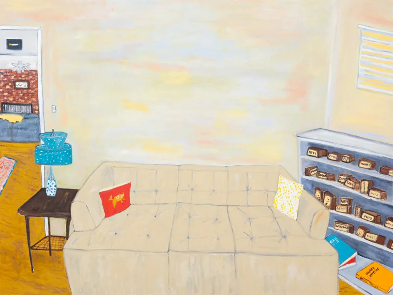 A painting of a living room with a yellow couch installed in the center. To the left there is a brown side table with a blue lamp on top. On the right there is a chest of shelves containing various urns with names on them.