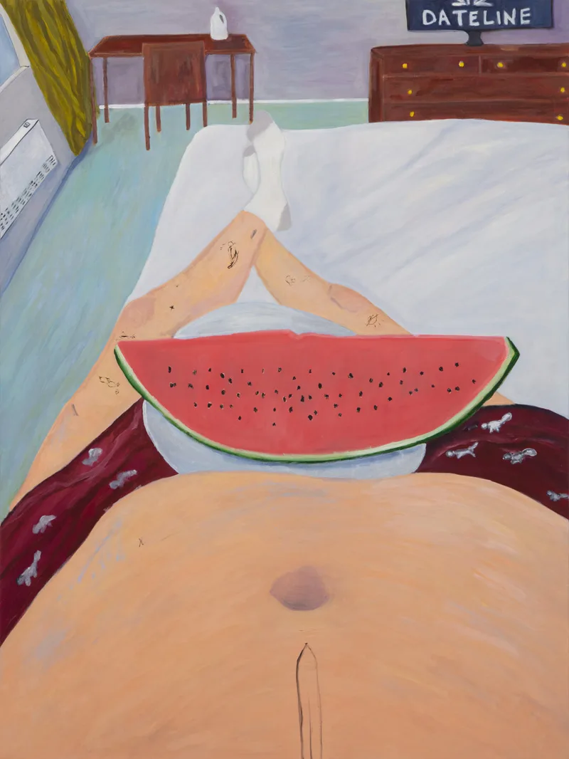 A painting of a watermelon sitting on the lap of a figure, from the perspective of their eyes. They are laying on a bed in a room with a television opposite them that reads "Dateline." The figure is only wearing dark red shorts and white socks and has a few tattoos.