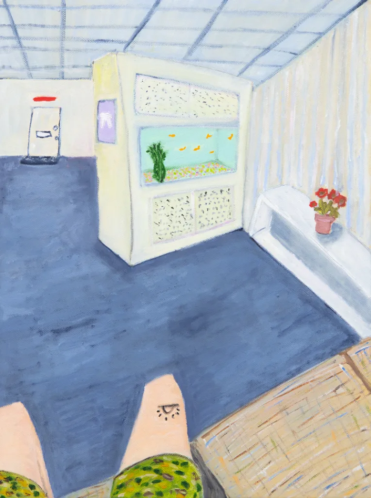 A painting of an empty dentist's waiting room. It has blue carpet and white walls, a fishtank, shelf with flowers, and the door is on the far wall. There are two knees poking in from the bottom left side of the image
