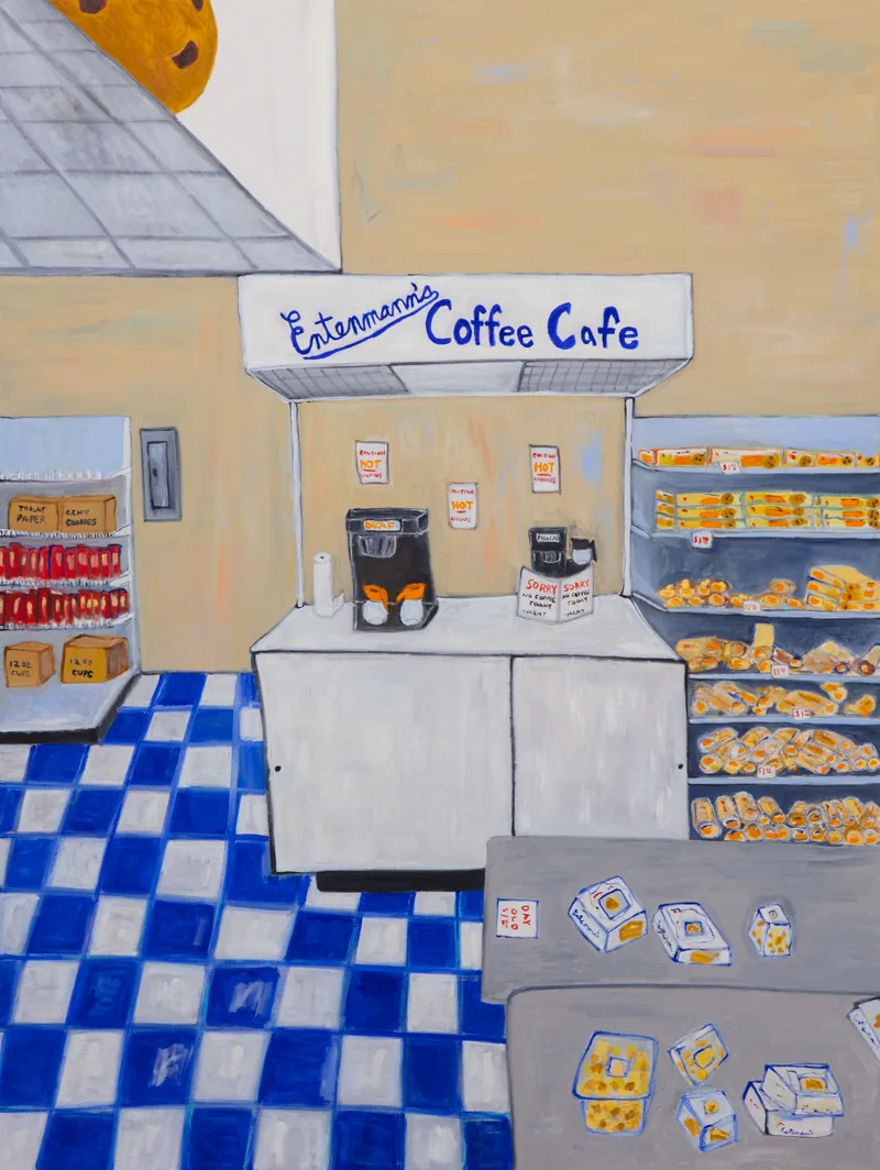 A painting of the inside of a store with blue and white tiled floors and muted yellow wall. There are various baked goods display racks, a coffee station, and a sign that reads "Entenmanns Coffee Cake."