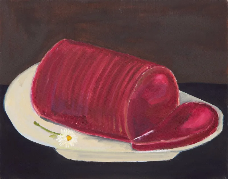 A still life painting of cranberry sauce laying horizontally on a white plate accompanied by a small daisy on a brown table with a brown wall in the background. The cranberry sauce is still in the shape of the can it came from and has one slice made from its right edge.