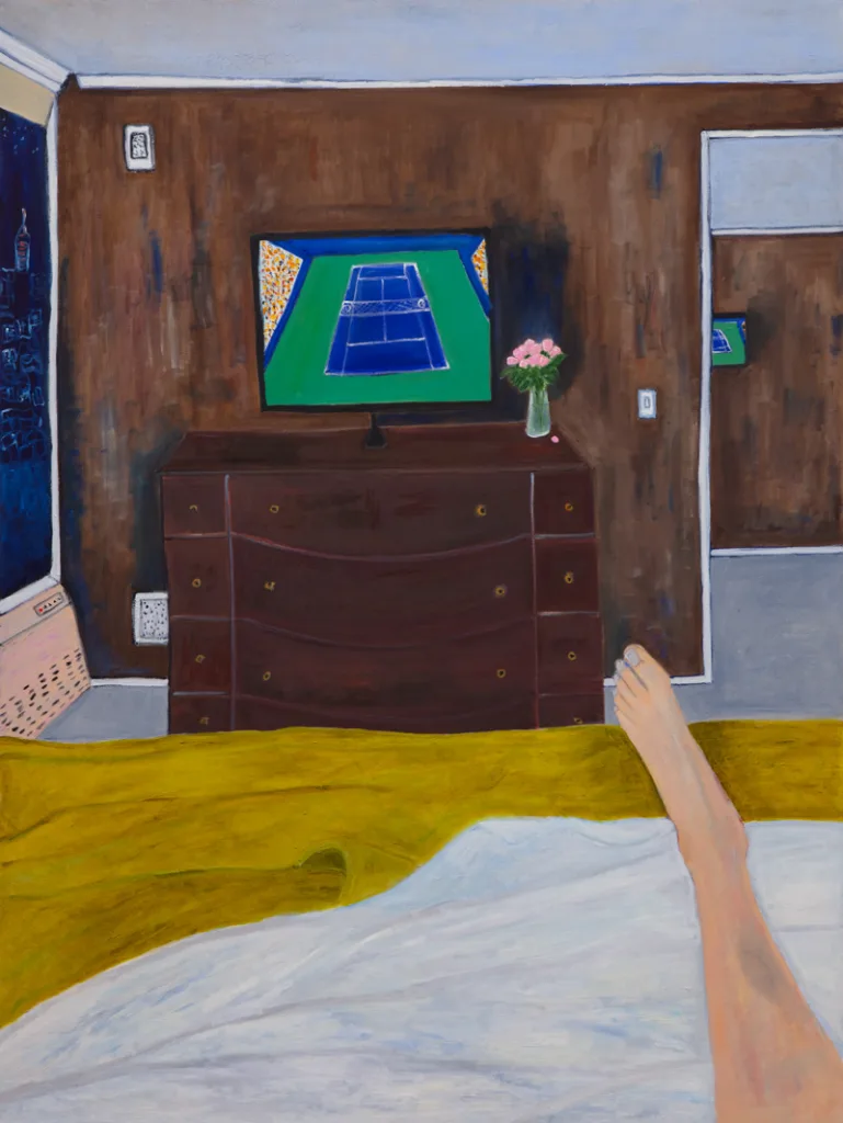 A painting of a television with a tennis game on inside of a wood paneled room. On the right side of the image, there is another room with a television playing a tennis game as well. In the foreground, we see a leg laying on a bed with white and yellow sheets
