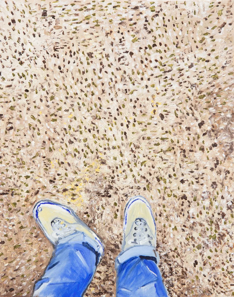 A painting of brown and yellow shag carpet with two shoes and pant legs poking in from the bottom left side.