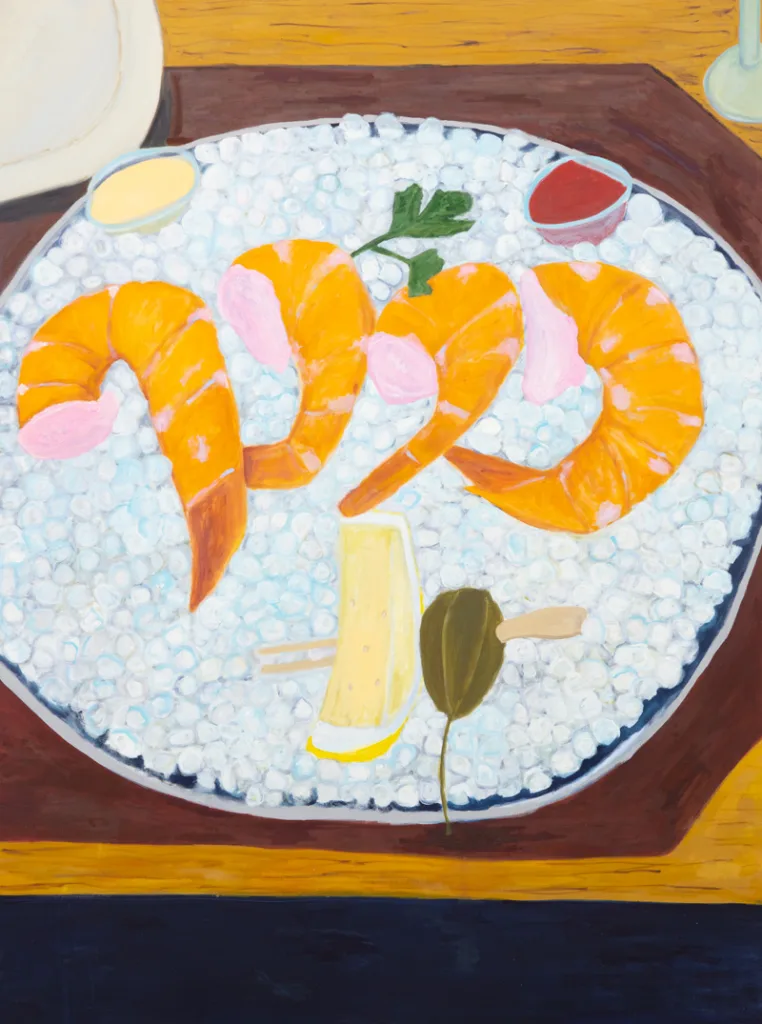 Another painting of a shrimp cocktail arrangement in a bowl of ice.