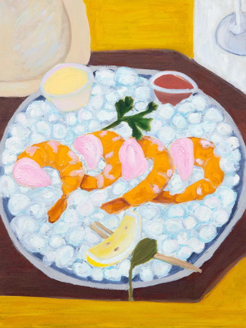 A painting of a shrimp cocktail arrangement in a bowl of ice.