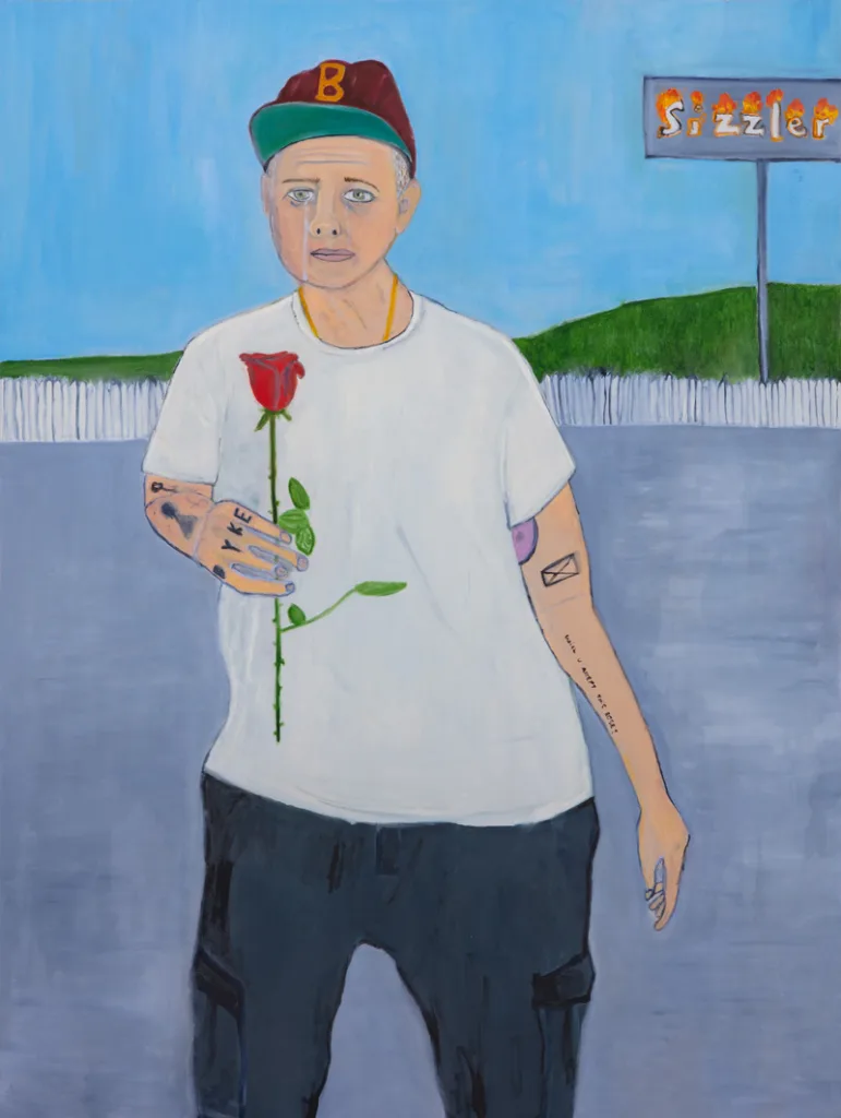 A portrait of a figure holding a red rose in an empty cement lot. There is a Sizzler billboard in the background