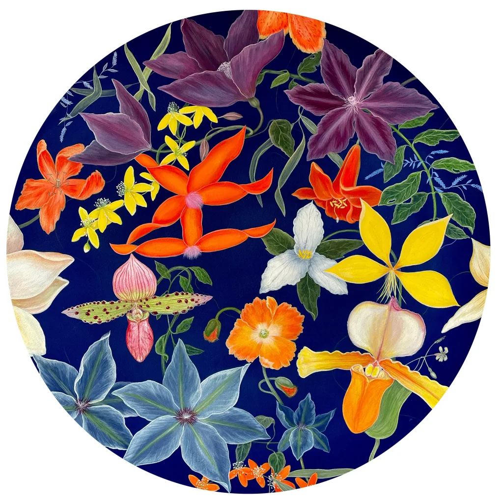 A circular painting of various flowers with a dark blue ground.