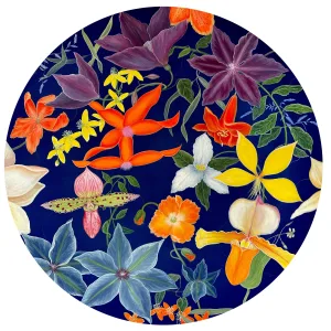A circular painting of various flowers with a dark blue ground.