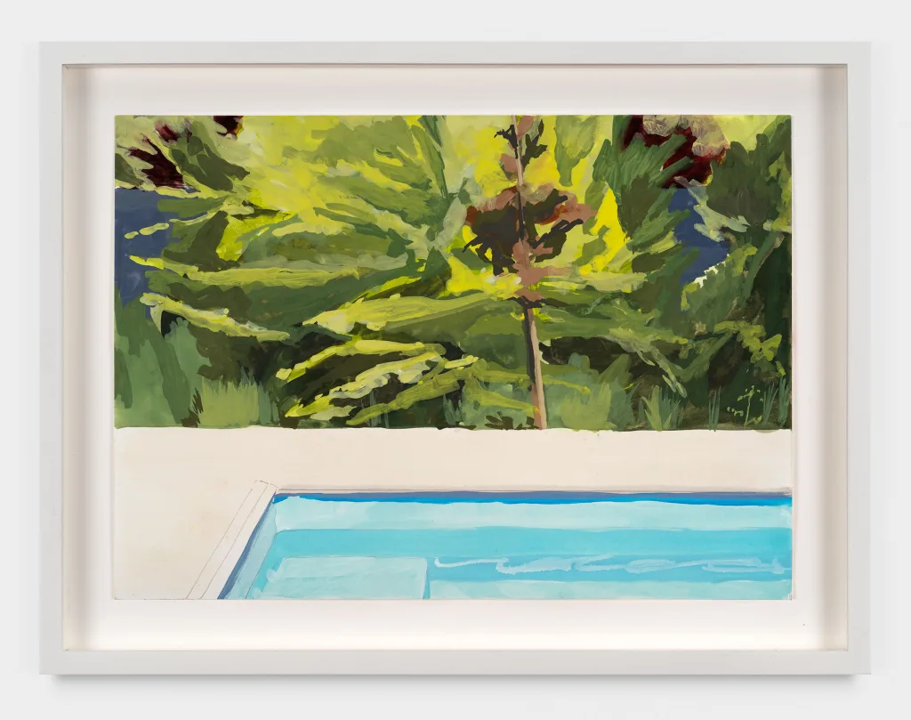 A painting of a pool's corner and its surrounding foliage. The upper half of the frame depicts heavy foliage while the bottom half shows the corner of a pool and the cement surrounding it.