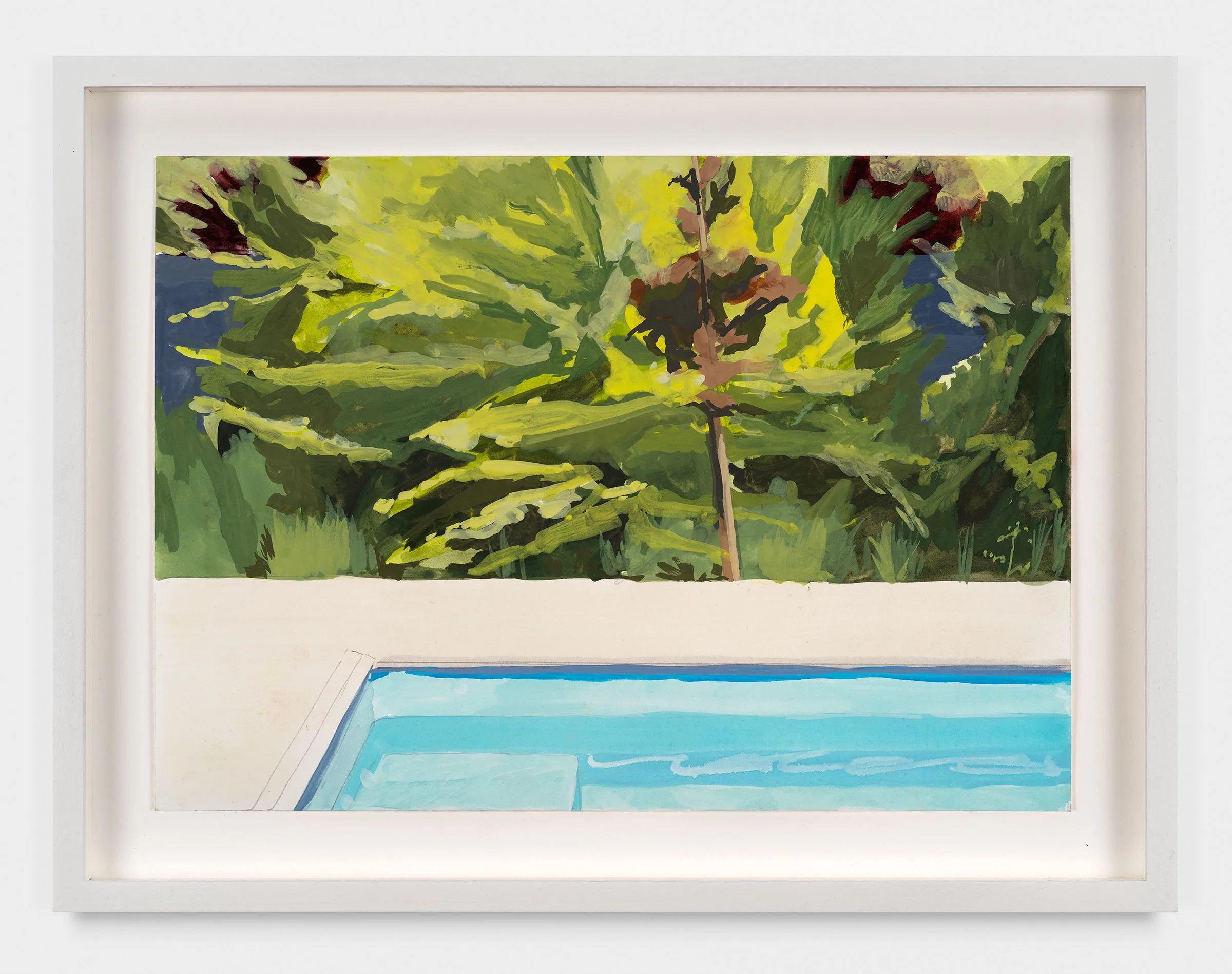 A painting of a pool's corner and its surrounding foliage. The upper half of the frame depicts heavy foliage while the bottom half shows the corner of a pool and the cement surrounding it.