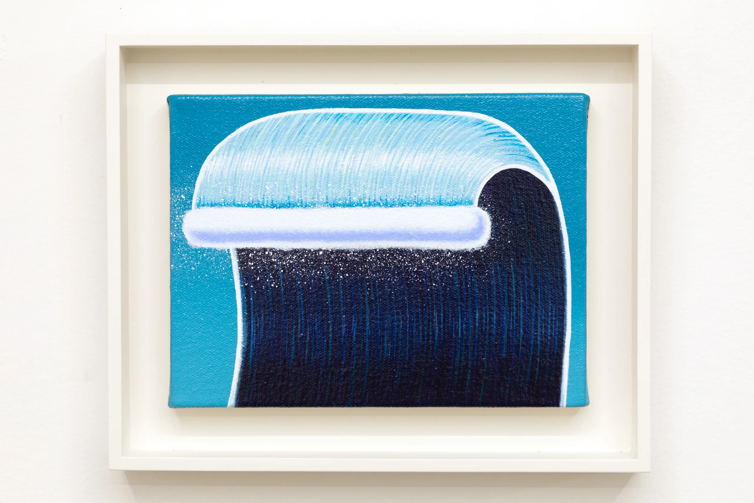 A painting of a large wave. The wave is captured at the point where it has just curled over.
