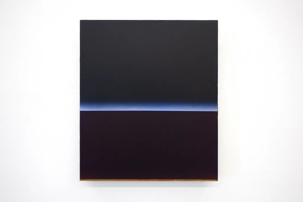A painting with a black ground, a horizontal orange strip at the bottom edge, and a horizontal bright glowing blue/white strip in the middle.