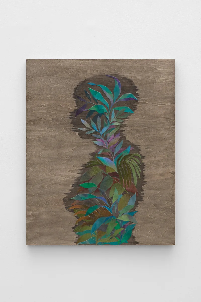 Ink on cut paper and wood stain arranged to form the profile of a figure on a panel. The paper is cut in a way that resembles foliage and the wood stain outlines the shape of the figure.