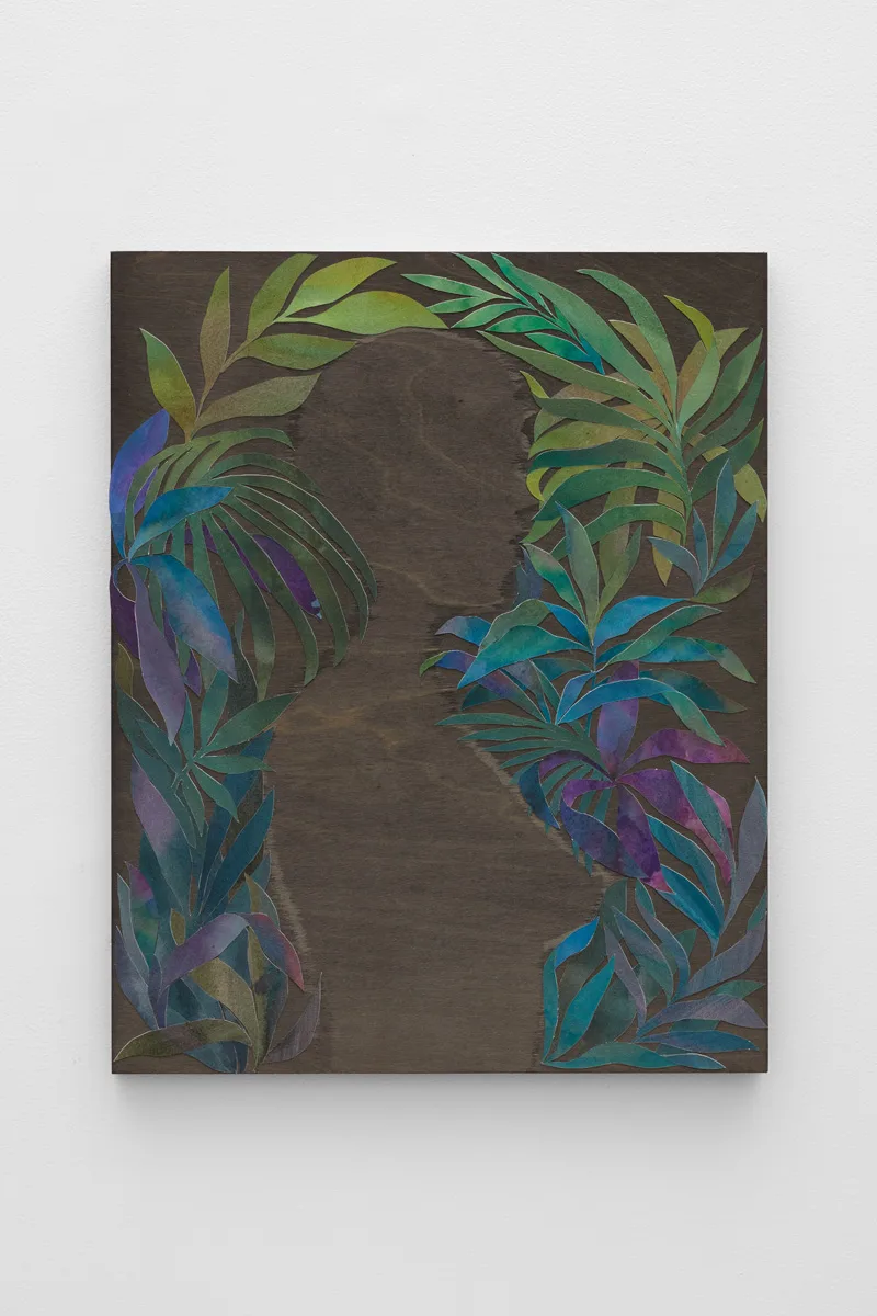 Ink on cut paper arranged to form the profile of a figure in the negative space. The paper is cut to resemble foliage and is colored blue, purple, and green. The negative space shows the horizontal grain direction of the panel.