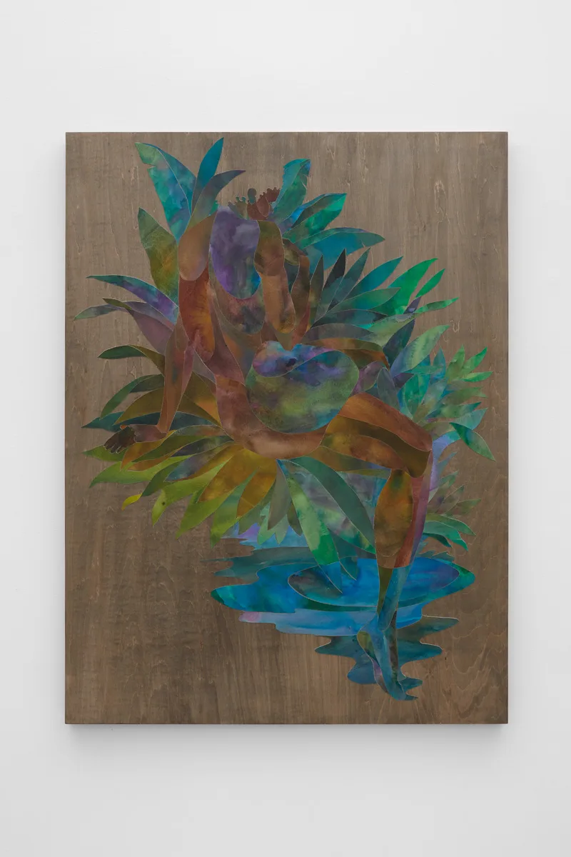 Ink on cut paper arranged to form a figure sitting upright with their back towards the viewer in a bed of foliage. Mounted on a wood panel with a dark gray stain