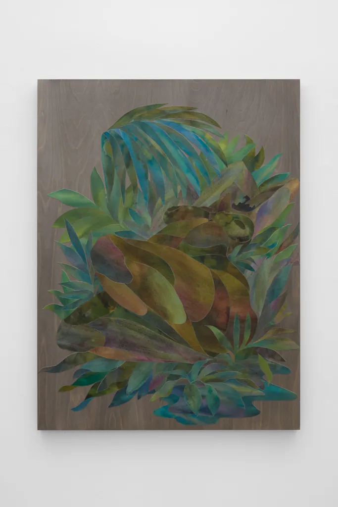 Ink on cut paper arranged to form a figure reclining back with their head up in a bed of foliage. Mounted on a wood panel with a dark gray stain