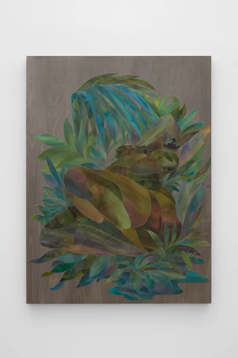 Ink on cut paper arranged to form a figure reclining back with their head up in a bed of foliage. Mounted on a wood panel with a dark gray stain