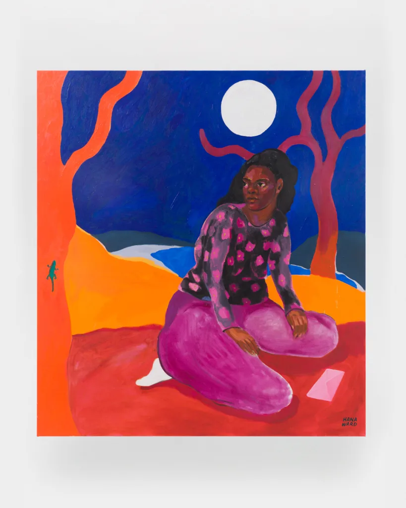 A painting of a figure kneeling in a nighttime landscape. There is a pink envelope to her left and a green lizard climbing up a tree to her right