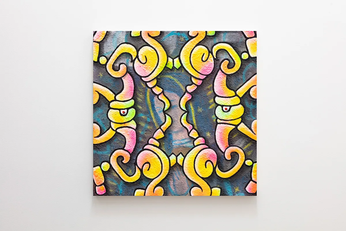 A painting with a graphic neon pattern in the foreground and an image of the virgin mary slightly obscured in the background.