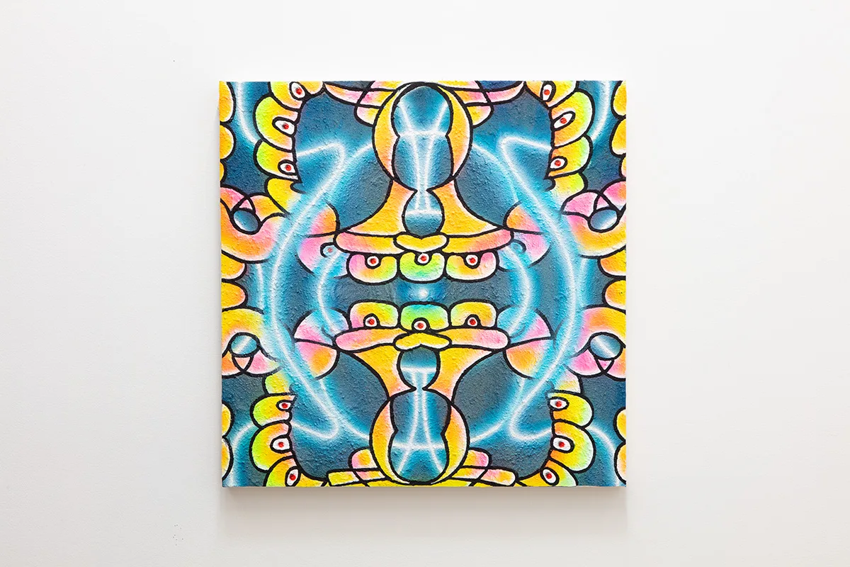 A graphic neon pattern on a dark blue background