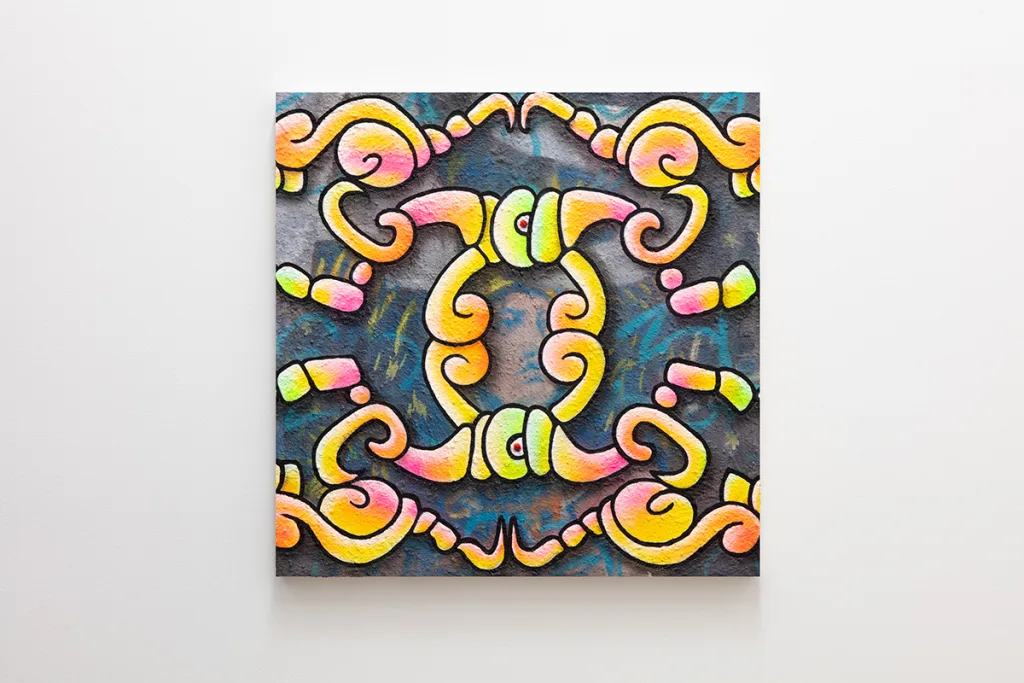 A graphic neon pattern in front slightly obscuring a portrait of a figure looking up and to the right.