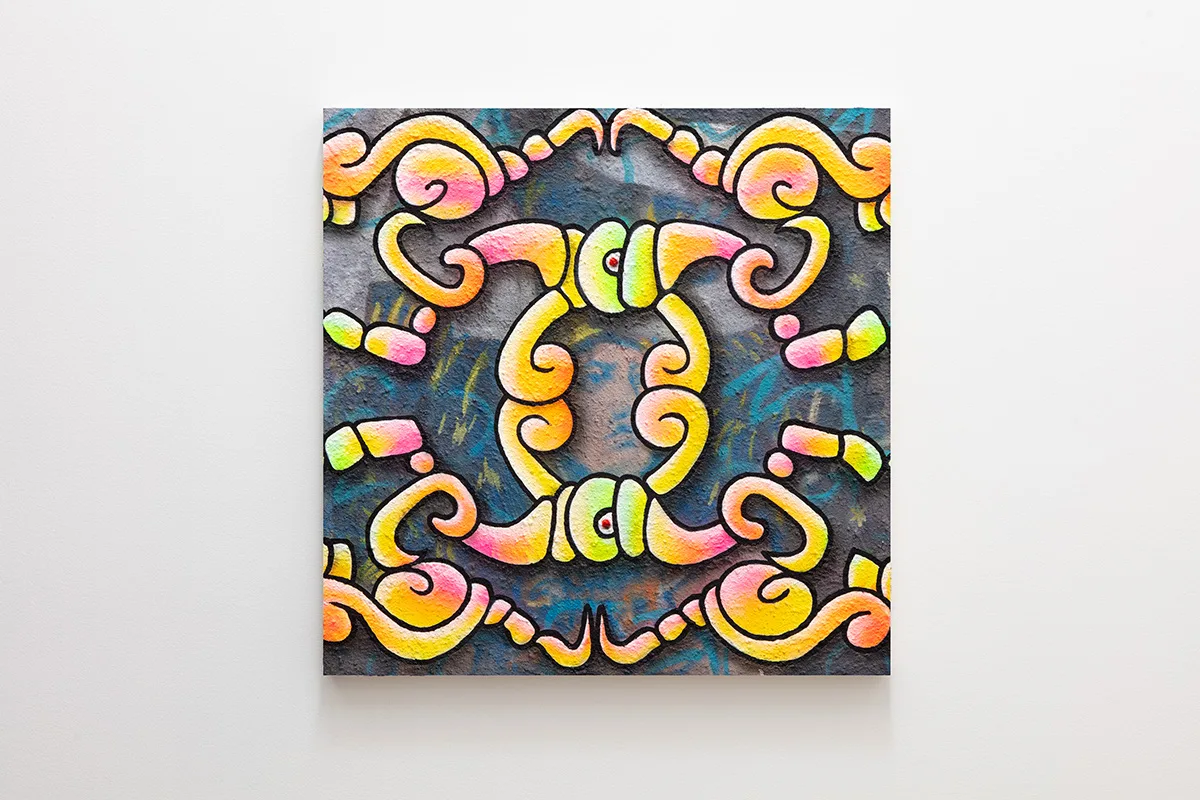 A graphic neon pattern in front slightly obscuring a portrait of a figure looking up and to the right.