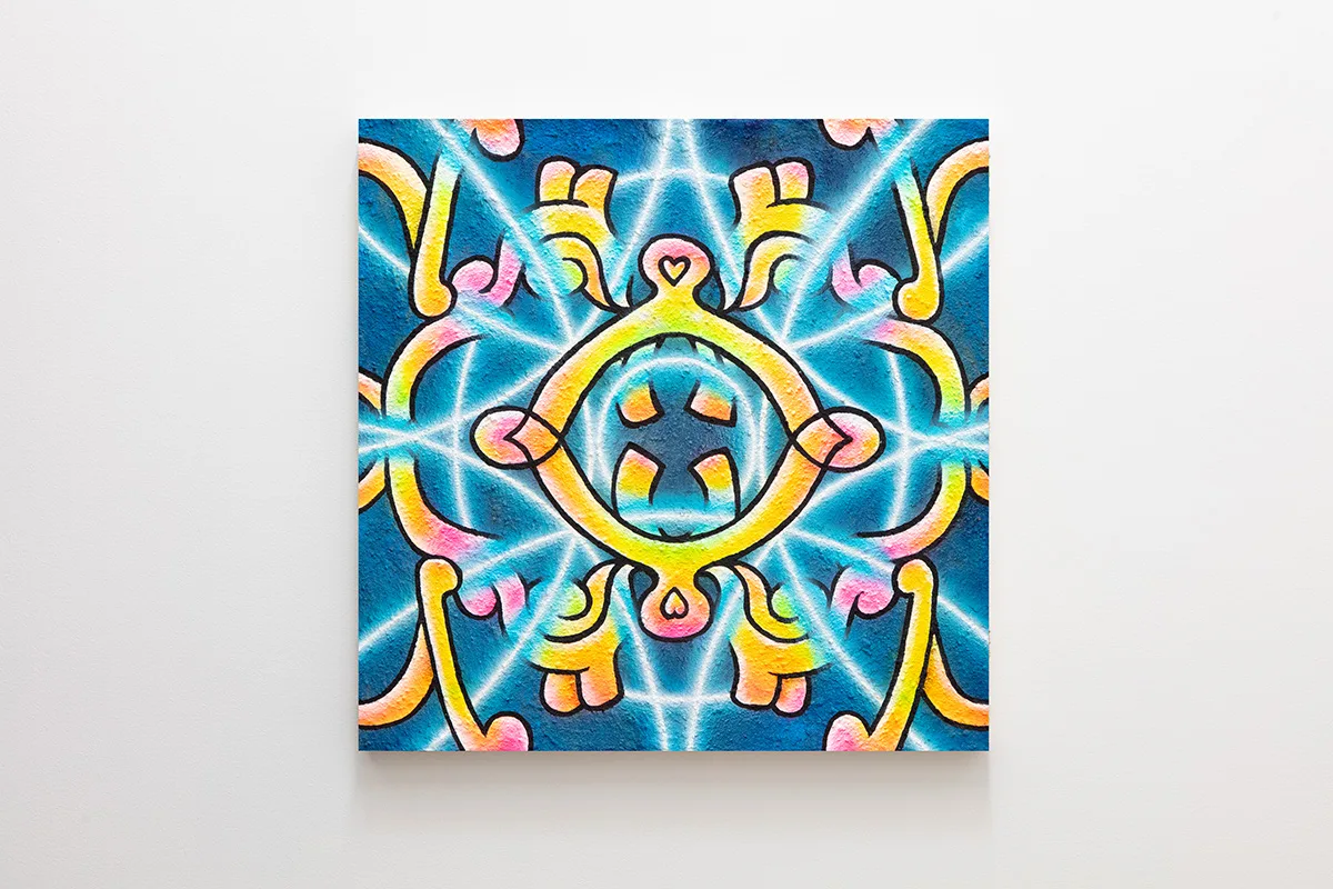 A graphic neon pattern on a dark blue background