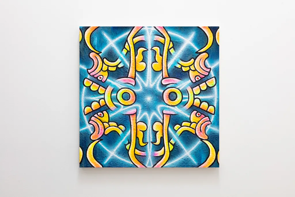 A graphic neon pattern on a dark blue background