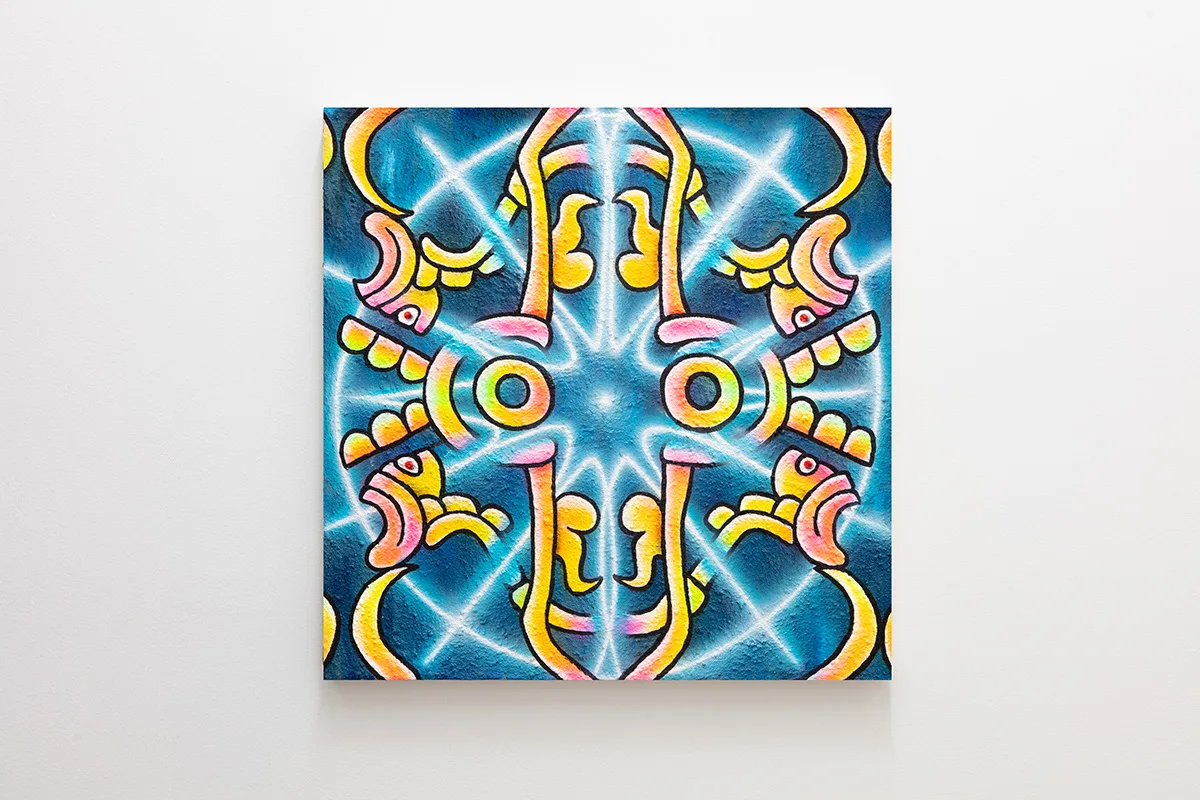 A graphic neon pattern on a dark blue background