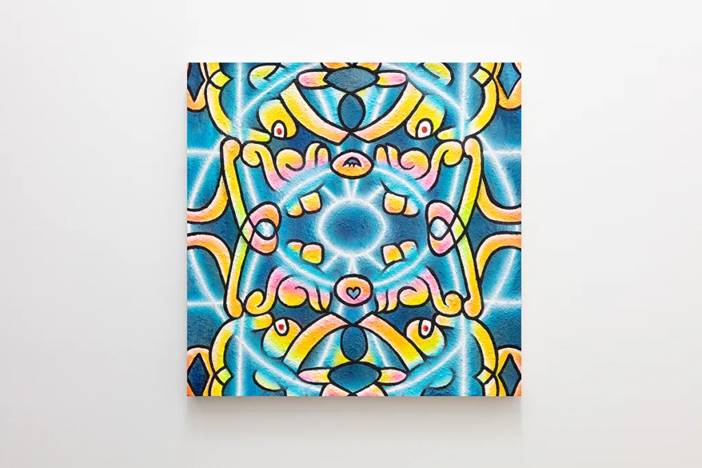 A graphic neon pattern on a dark blue background