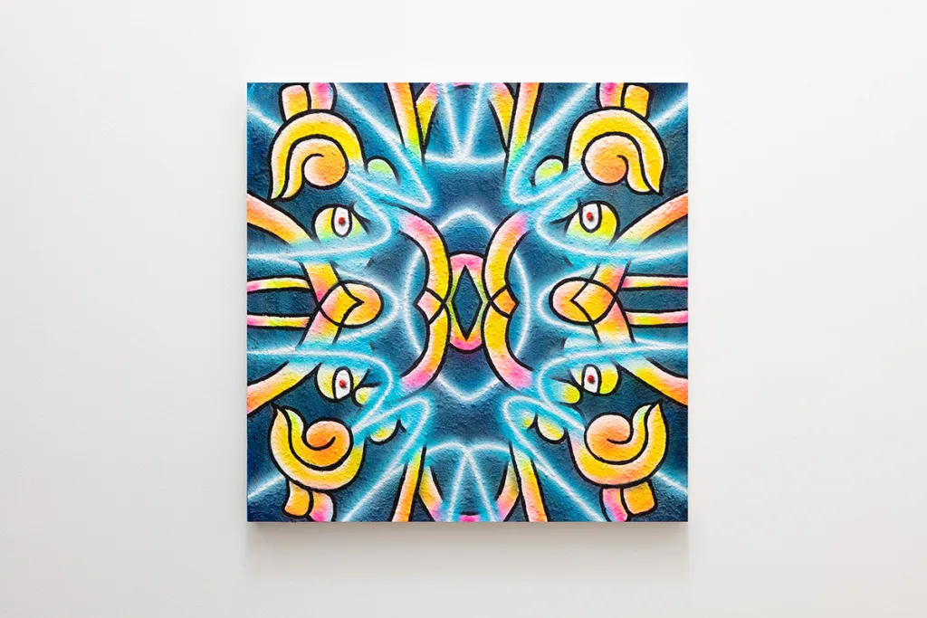 A graphic neon pattern on a dark blue background
