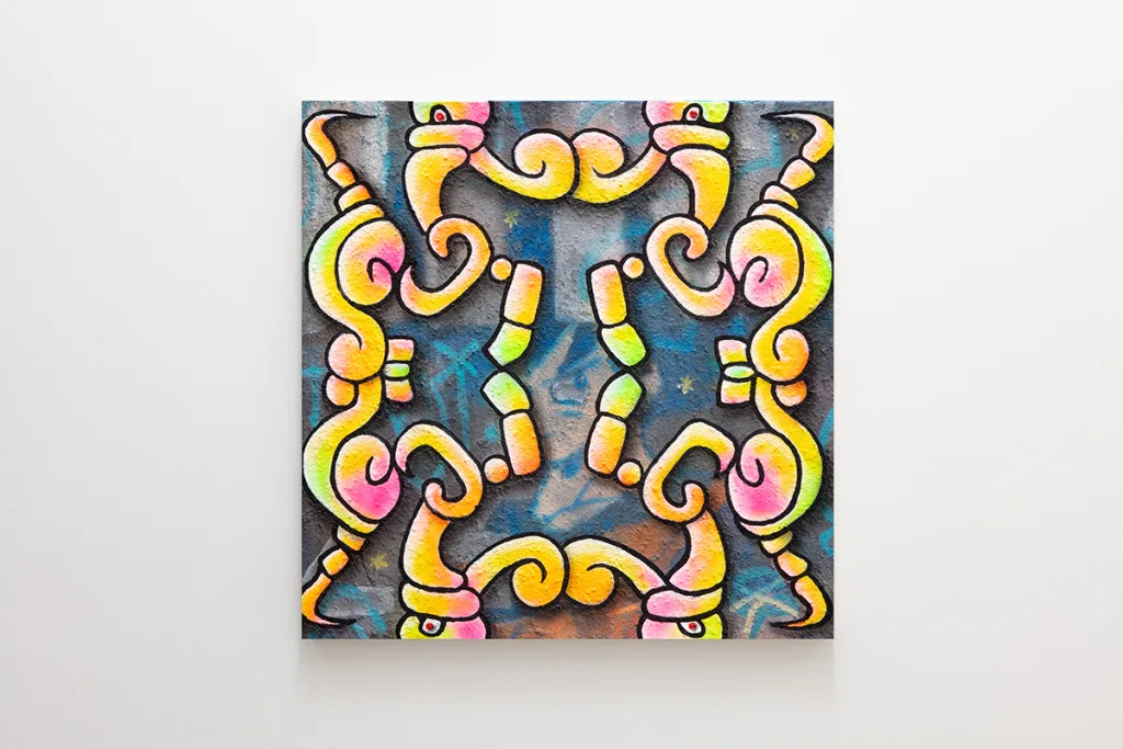 A graphic neon pattern on a dark blue background