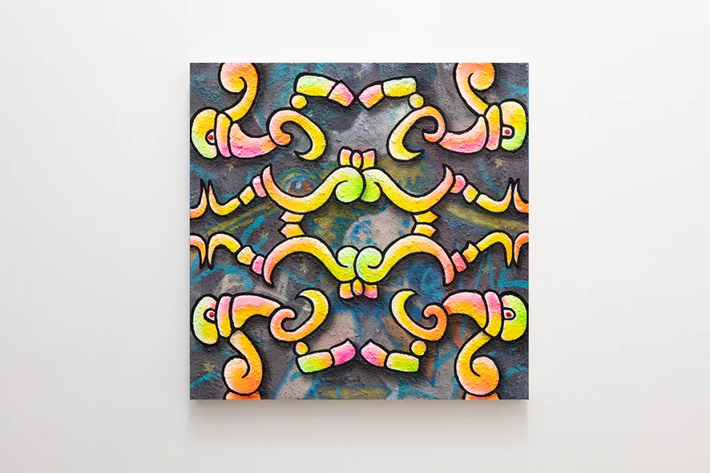 A graphic neon pattern on a dark blue background