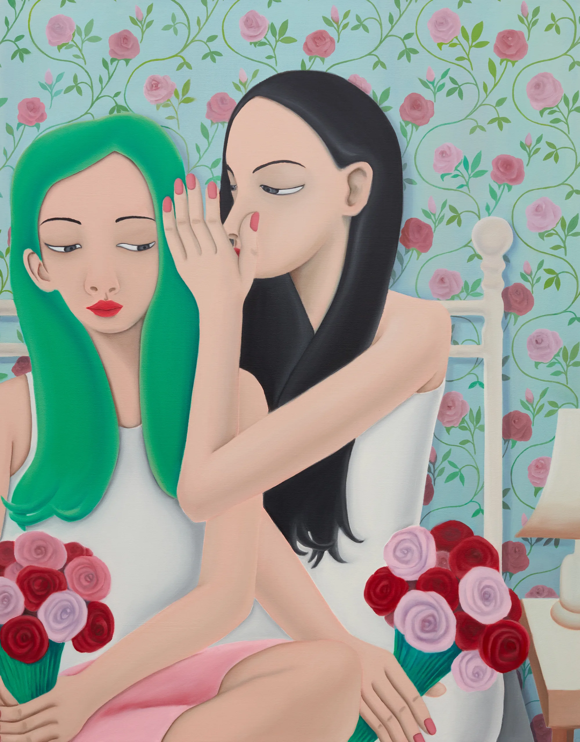 A painting of two figures holding a bouquet of roses. One is whispering into the other's ear.