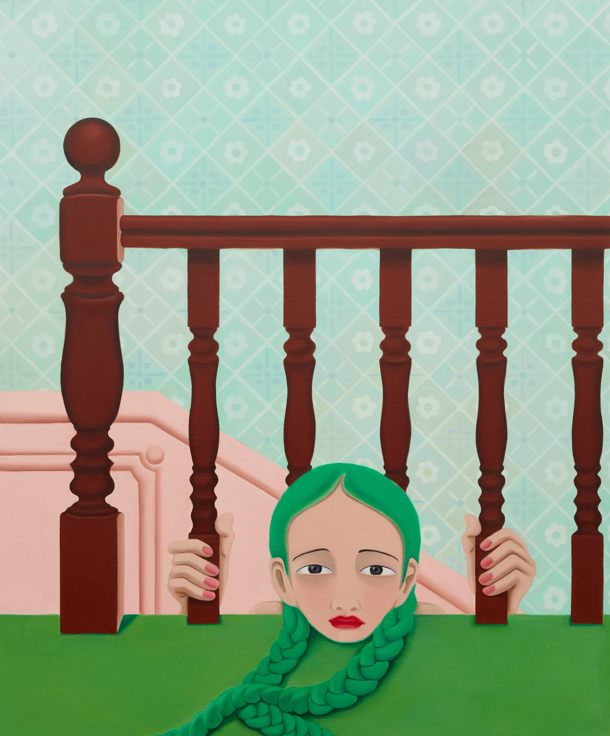 A painting of a figure with her head in between a banister and her arms gripping the posts.
