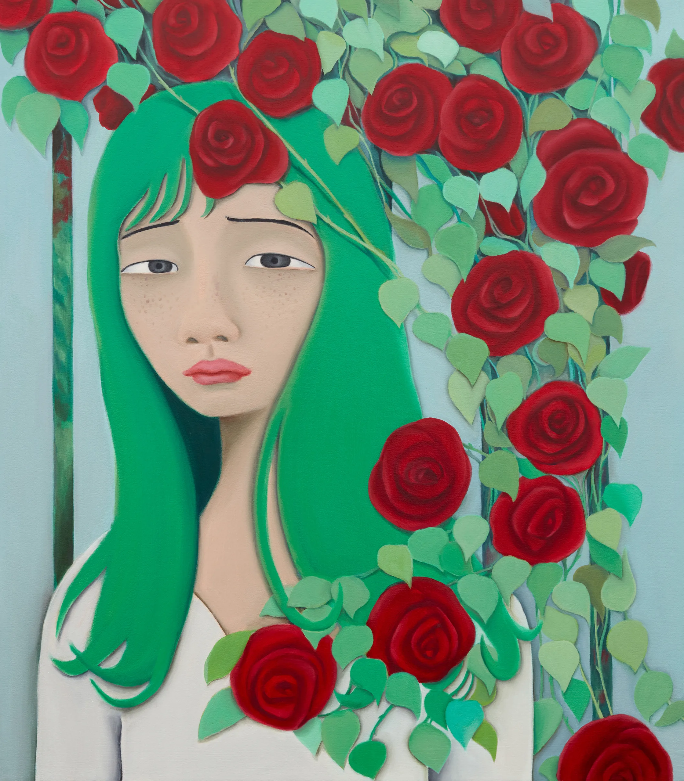 A painting of a figure standing beside roses.