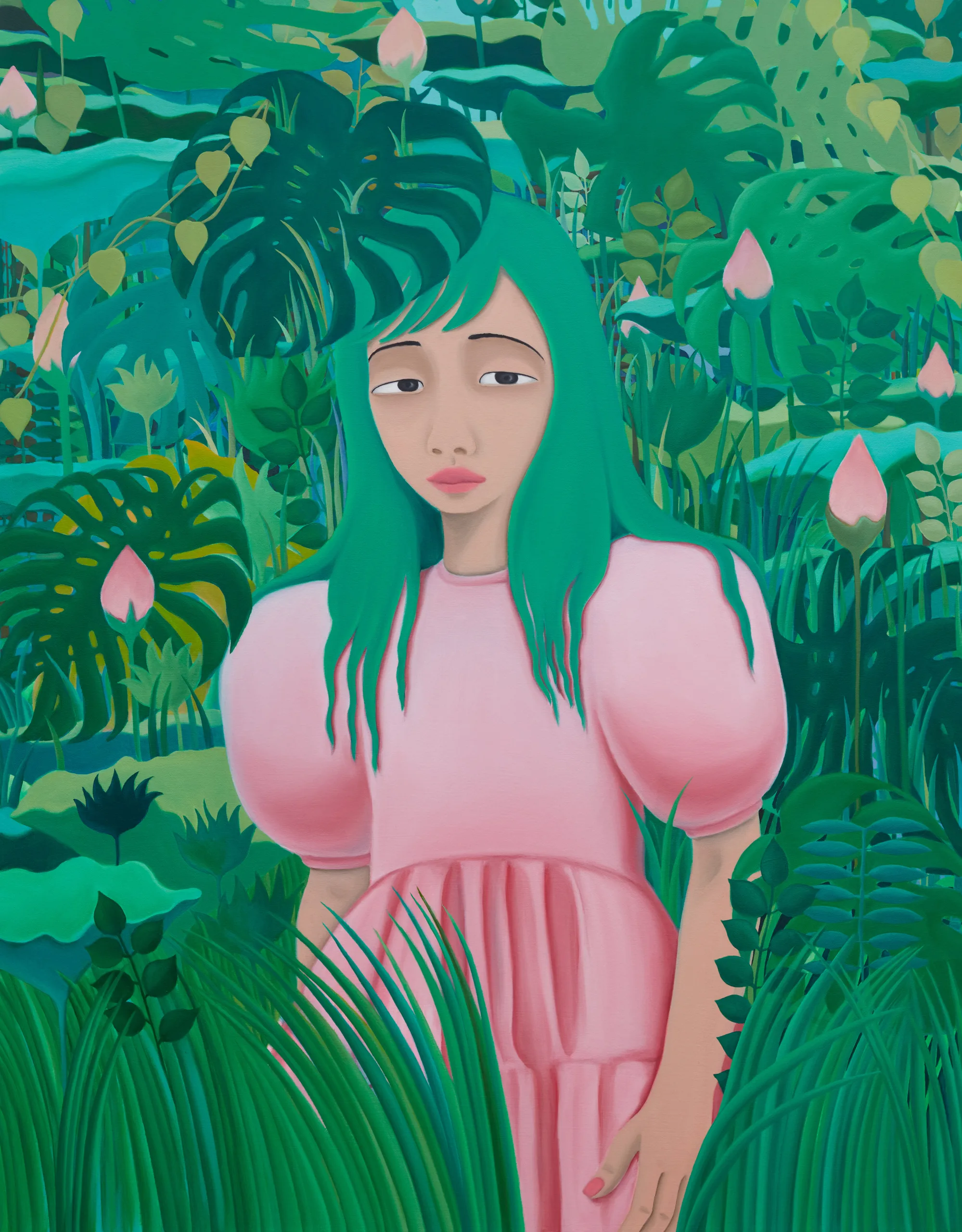 A painting of a figure wearing a pink dress standing in a heavily foliated area