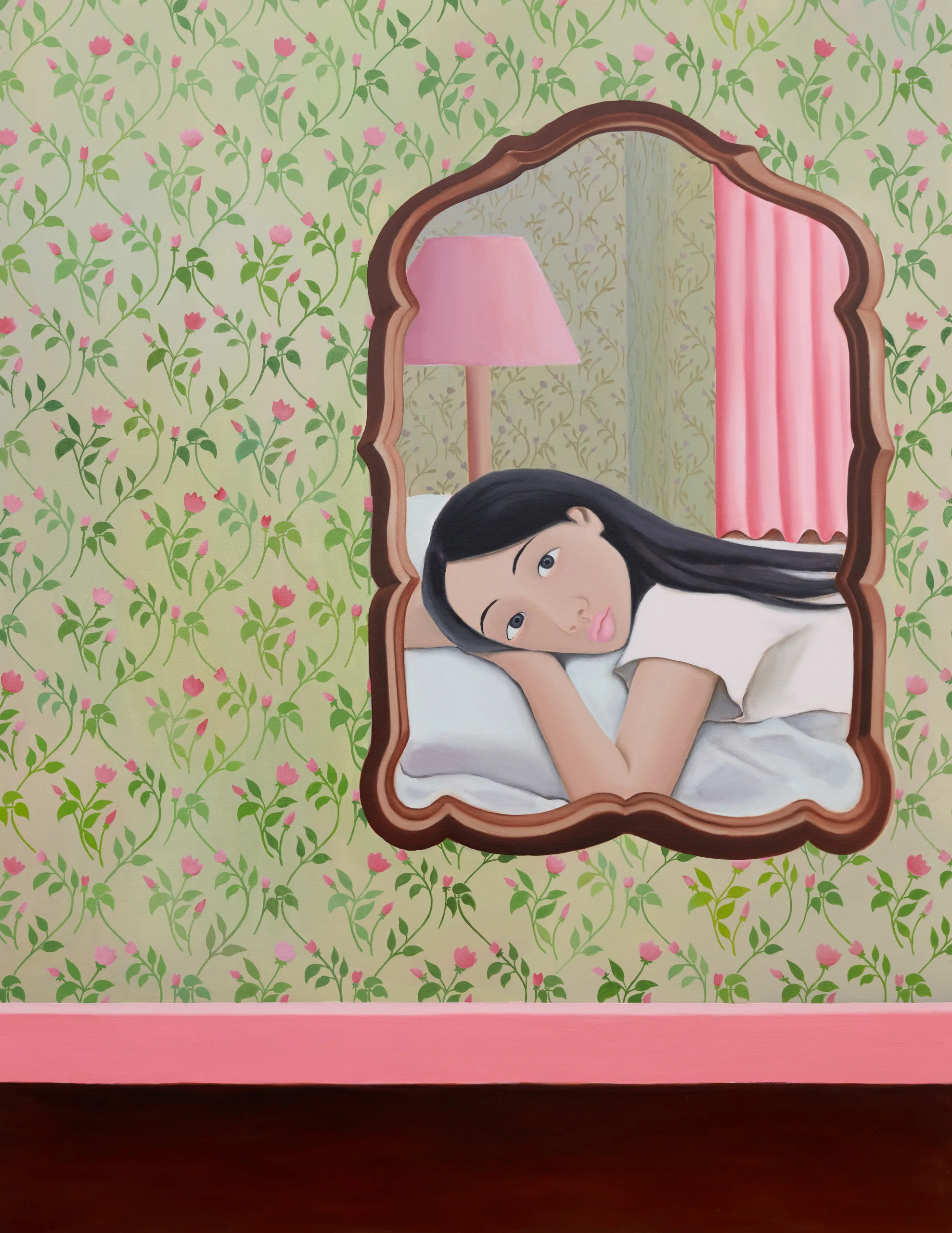 A painting of a figure reflected in a mirror looking out at the viewer