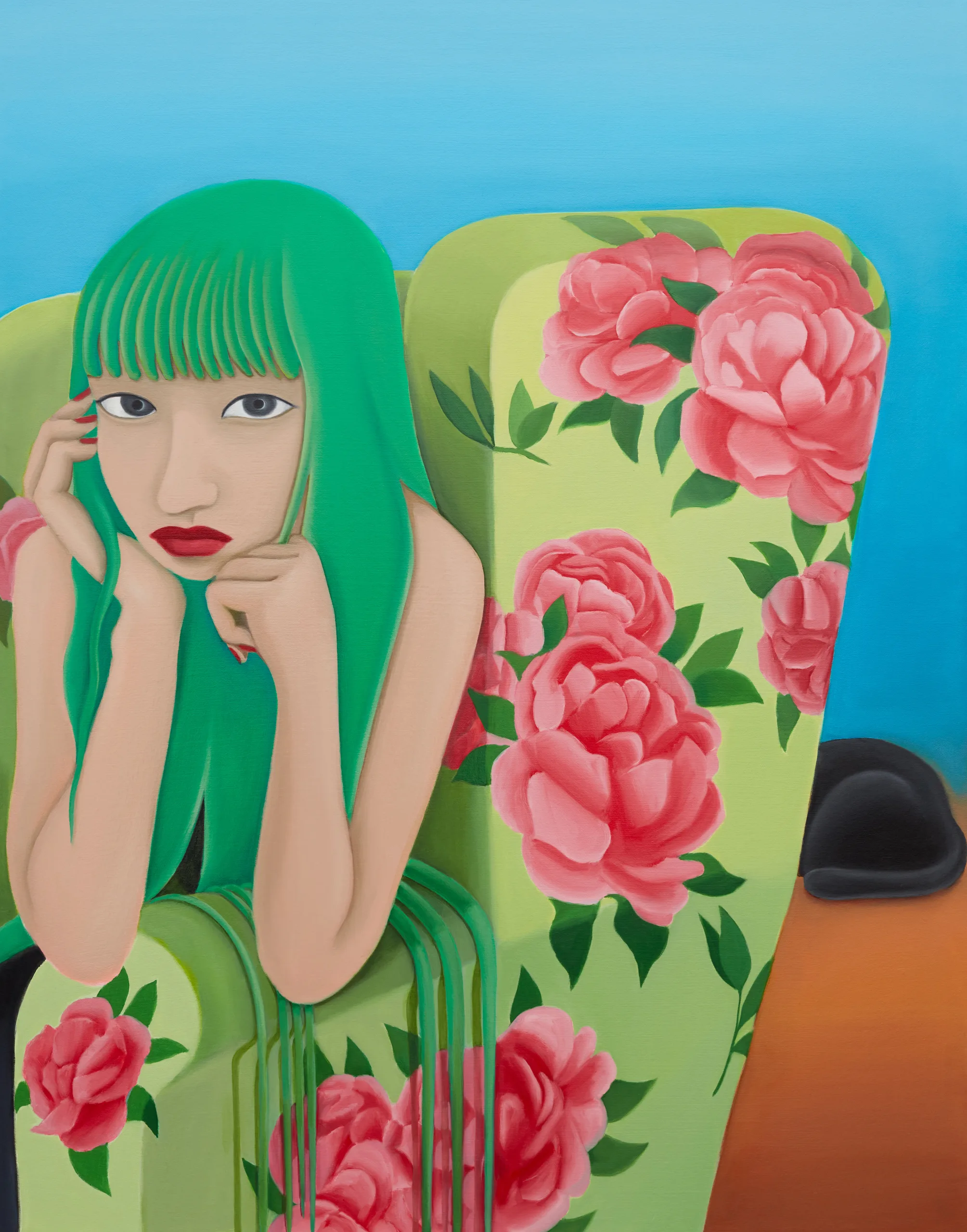 A painting of a figure leaning forward in a chair with floral patterned upholstery looking towards the viewer.