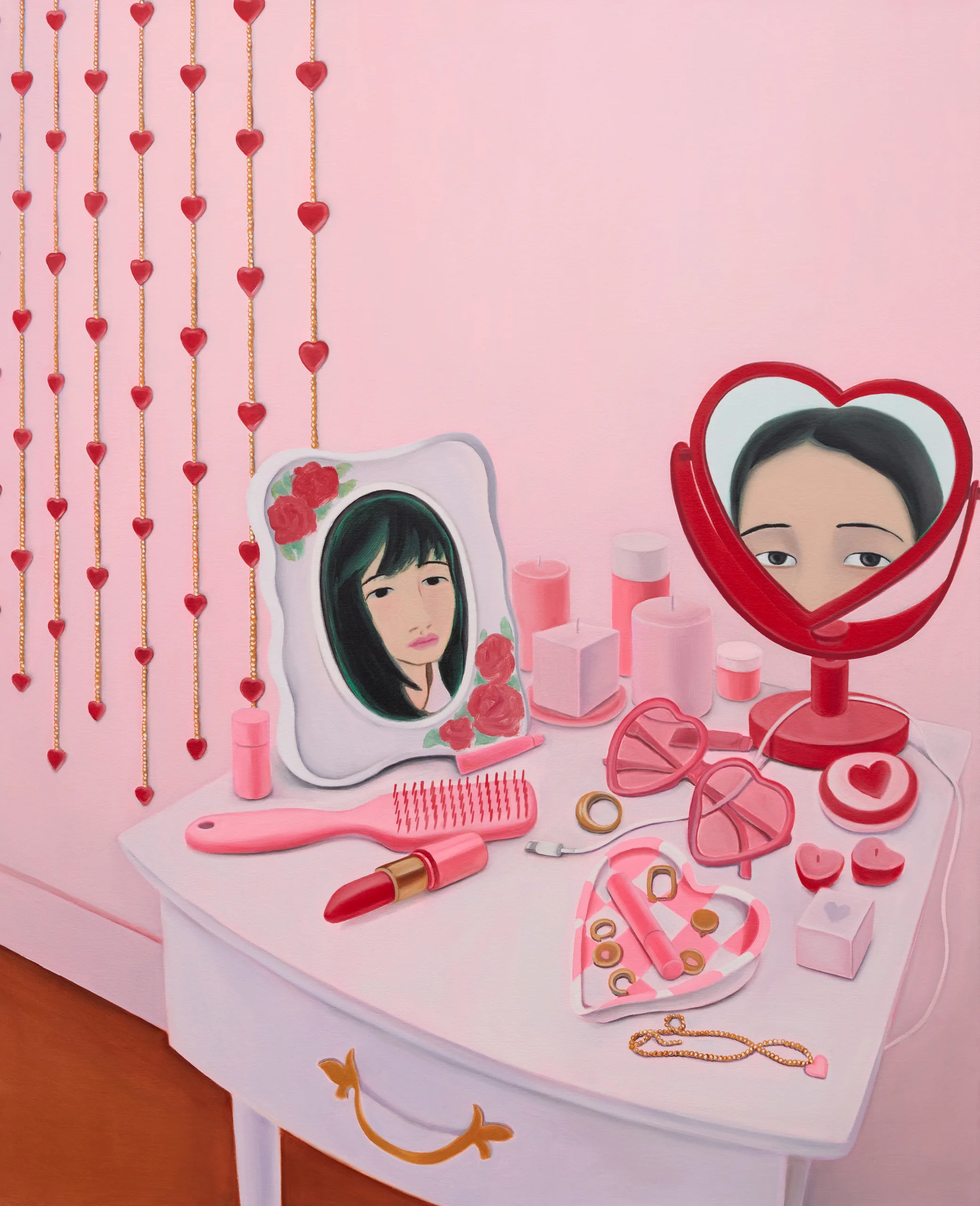 A painting of a pink tabletop with various heart shaped objects on top of and surrounding it. There is a mirror reflecting a figure beside an image of a person.