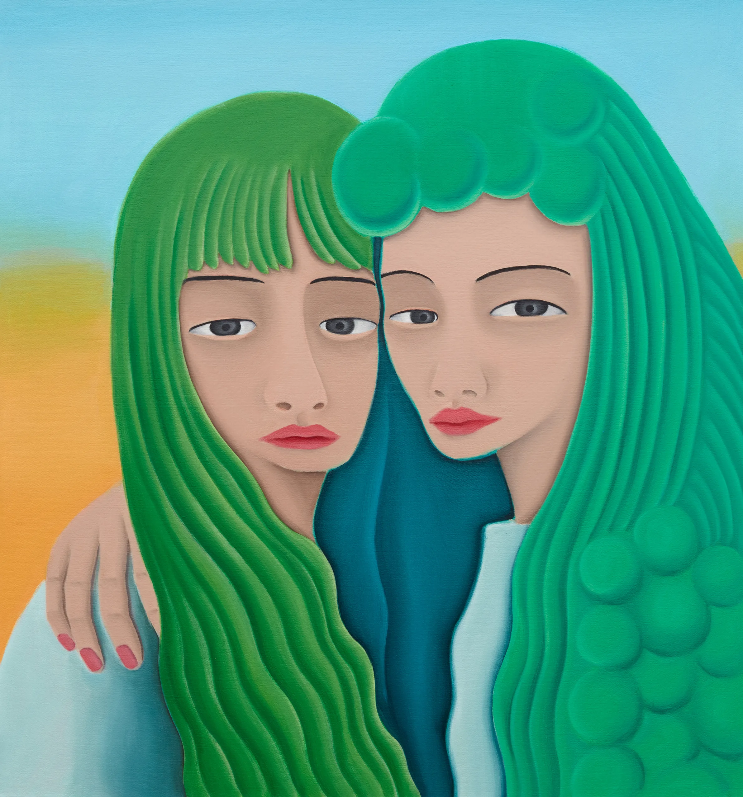 A painting of two figures looking out towards the viewer. One of their arms is wrapped around the shoulder of the other's.