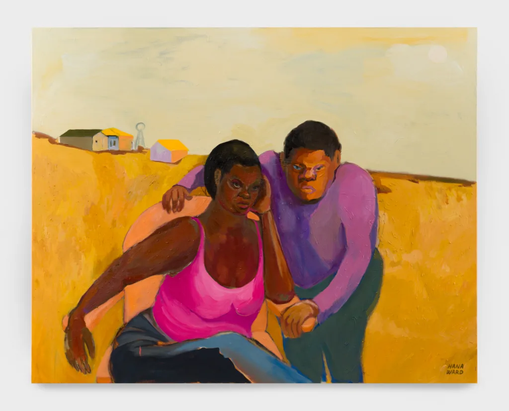 In this painting, two women face the viewer in a yellow field. One is hunched over, looking directly at the viewer, and the other is sitting in a chair looking just off to the side.