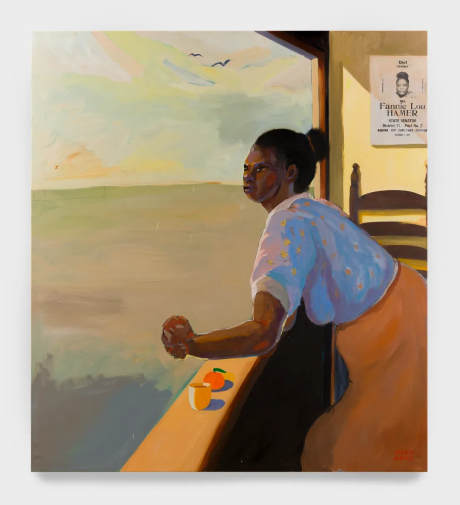 A painting of a woman looking out of a large window into an abstract landscape. On the wall behind her appears a poster that reads "Elect Mrs. Fannie Lou Hamer for [Mississippi] State Senator,” dated 1971.