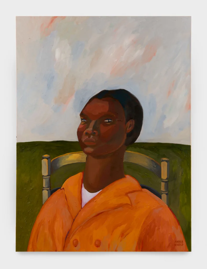 A painting of a figure in an orange coat sitting in a wooden chair in a large field.