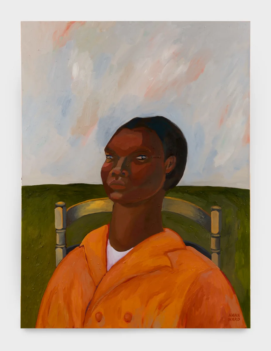 A painting of a figure in an orange coat sitting in a wooden chair in a large field.